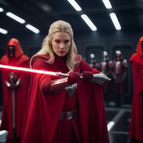 cinematic film still of  <lora:Crimson Guard:1.5>
Crimson Guard a blonde woman in a red robe and armor and force pike with dark background Star Wars Universe, shallow depth of field, vignette, highly detailed, high budget, bokeh, cinemascope, moody, epic, ...