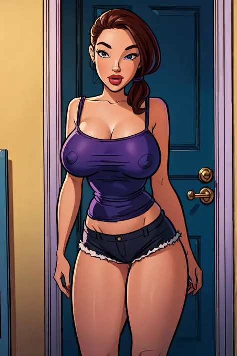 (masterpiece, best quality:1.2),intricate details, Jabstyle, <lora:JabstyleV1Release:1> 1girl, mature female, milf, curvy, voluptuous, purple camisole, short shorts, standing, door frame, looking at viewer, seductive look