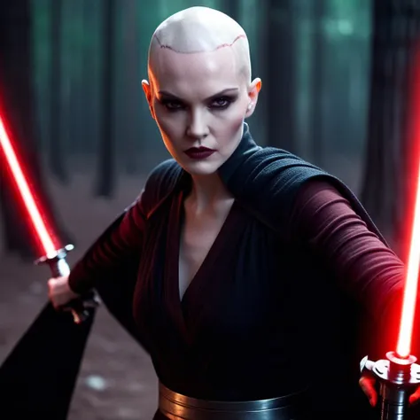 cinematic film still of  <lora:Asajj Ventress:1>
Asajj Ventress a bald woman with two red lightsaber swords in her two hands In Star Wars Universe, shallow depth of field, vignette, highly detailed, high budget, bokeh, cinemascope, moody, epic, gorgeous, f...