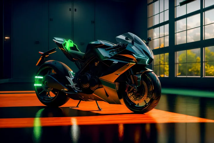 <lora:FutureSuperBike_v3-000009:1> masterpiece, photorealistic highly detailed 8k photography, best cinematic quality, volumetric lighting, volumetric shadows, ftsbk, neon lighting, Symmetrical Greenhouses background, Medium shot