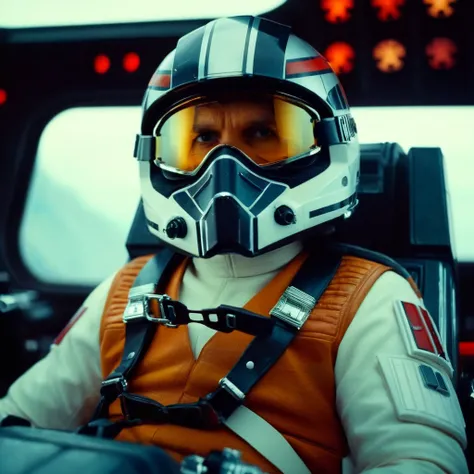 cinematic film still of  <lora:star wars style:1.5>
In star wars universe Biggs Darklighter an alliance pilot in a helmet and goggles sitting in a x wing fighter plane pilots seat star wars style, shallow depth of field, vignette, highly detailed, high bud...