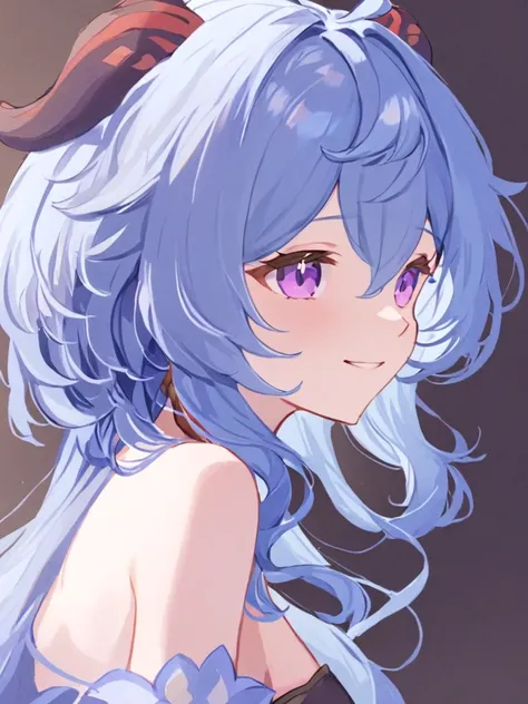 <lora:ganyu:1>,1girl,ganyu_(genshin_impact),solo,horns,blue_hair,long_hair,looking_at_viewer,bare_shoulders,upper_body,smile,bangs,breasts,from_side,off_shoulder,purple_eyes,ahoge,sidelocks,hair_between_eyes,medium_breasts,shirt,looking_to_the_side,