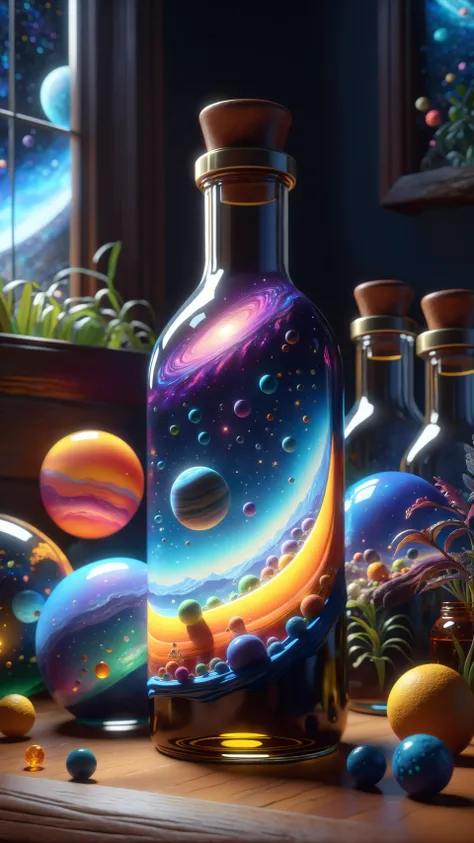 the entire observable universe in a single bottle, Dreamlike, Surreal landscapes, Mystical creatures, Twisted reality, Surreal still life, (Extremely Detailed Oil Painting:1.2), glow effects, god rays, Hand drawn, render, 8k, cartoon, octane render, cinema...