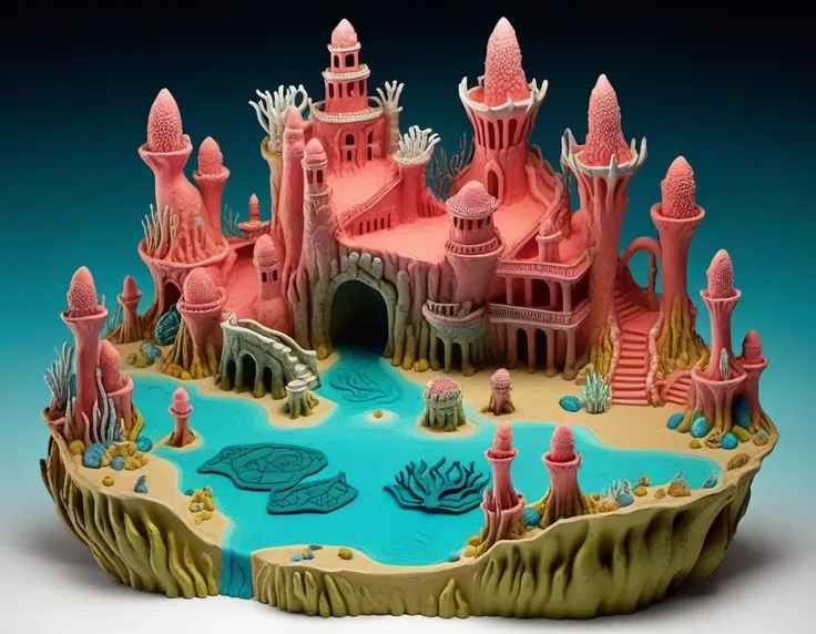 clay, undersea palace: coral architecture, regal merfolk, sea gardens, bioluminescent fish, pearl treasures. <lora:claymate_0.3_...