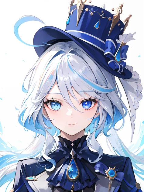 ((masterpiece,best quality)), 1girl, furina, heterochromia, blue hat, portrait, smile, closed mouth,