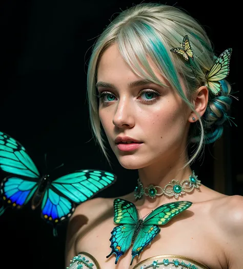 Psychedelic style 8k portrait of beautiful with white blue gradient hair, intricate, elegant, highly detailed, majestic, golden, surreal painting green lights butterfly filigree, broken glass, hdr . Vibrant colors, swirling patterns, abstract forms, surrea...