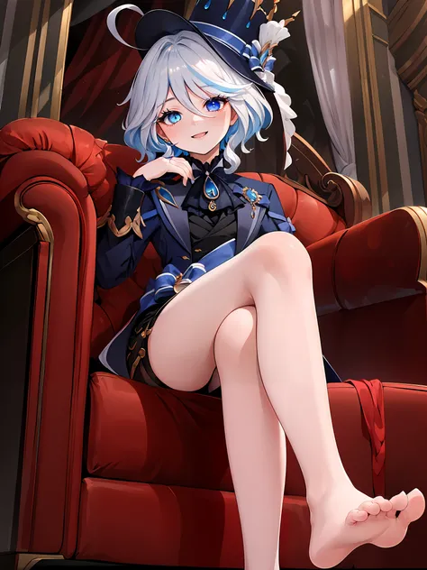 ((masterpiece,best quality)), 1girl, furina, heterochromia, short hair, blue hat, black shorts, barefoot, toes, sitting, from below, smile, crossed legs, hand on chin