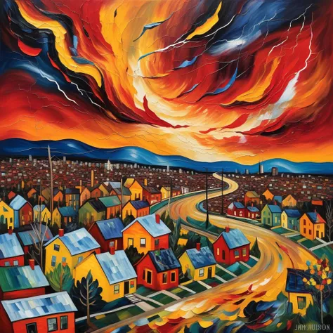 Unhinged tornado tearing through a cityscape with chaotic storm clouds, fiery debris, shattered buildings, terrified people running for their lives, and a vibrant color palette of reds, oranges, and yellows inspired by the artwork of Jackson Pollock and th...