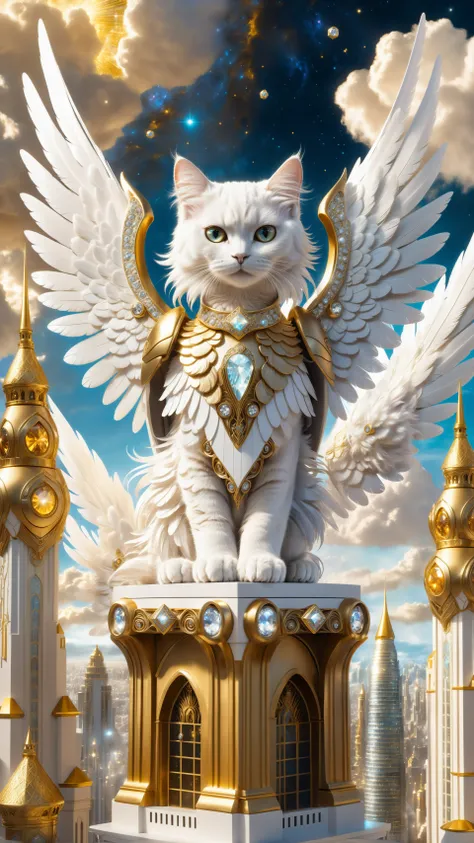 8k, Fluffy White Angel cat perched upon golden bejeweled tower in a heavenly utopian city, huge feathery angel wings, glowing nebula eyes, white flowing clouds, ivory armor with diamond gem inlay, trending on artstation, sharp focus, studio photo, intricat...