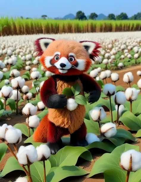 , character, a red panda in cotton field landscape at lunchtime <lora:claymate_0.3_:0.8>