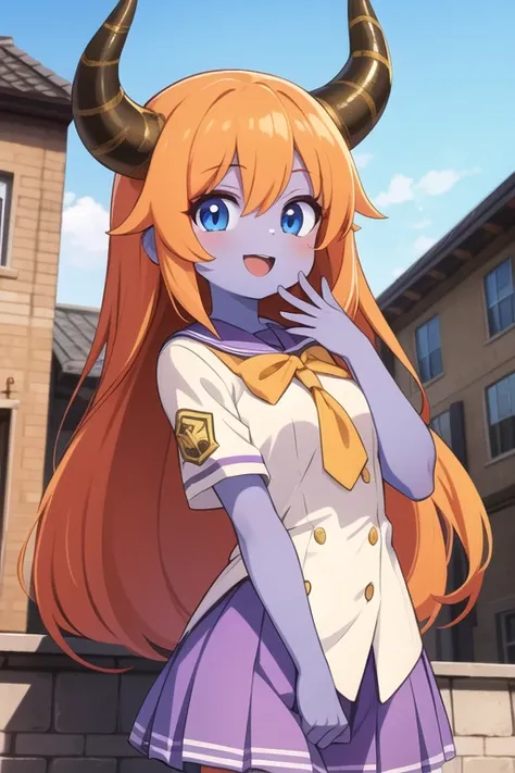 masterpiece, best quality, ultra detailed, anime style, 1girl, medium long hair, orange hair, blue eyes, (purple skin:1.20), gold horns, school uniform, building roof, warm, beautiful face, happy, cowboy shot