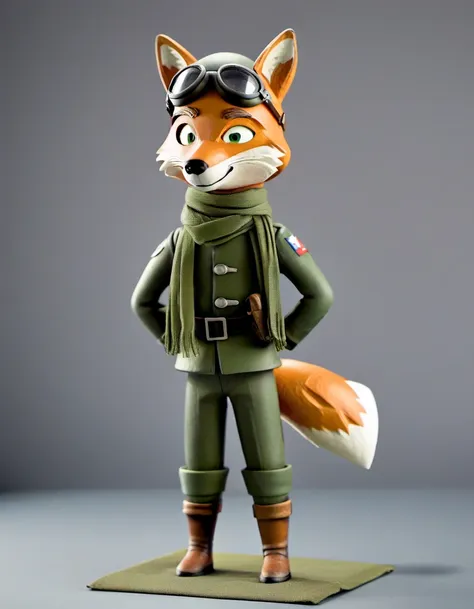 clay, a fox pilot, aeroplane, aviator, soldier, ww2, helmet, green uniform, goggles, scarf <lora:claymate_0.3_:0.7>