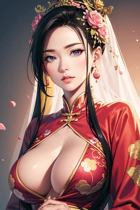 (4k, best quality, highres:1.2), (masterpiece:1.37), 1girl, beautiful face, detailed eyes , large breasts, detailed hair, long hair, dress, Chinese clothes, print, pink, hair flower,