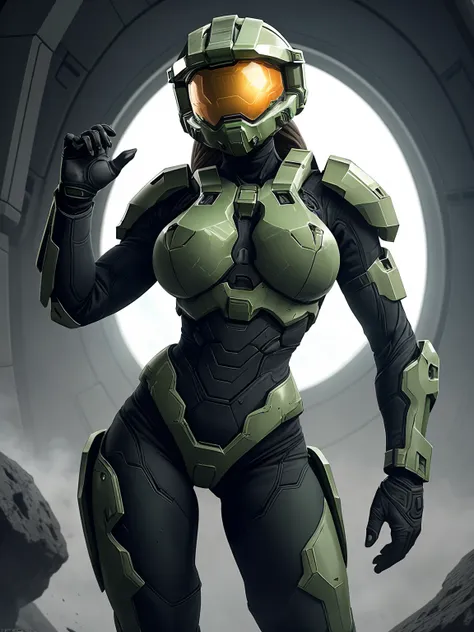 (halo girl, closed helmet:1.2), green bikini armor, thong, scifi planet, (big breasts:1.2), wide hips, long legs, femme fatale