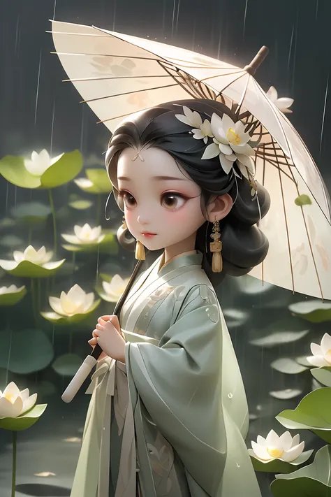 chibi, A woman holds a oil-paper umbrella on her shoulder to shelter from the rain as part of a fashion event in the style of Yue Xiaofei,light jade,ethereal dream,Tang Youhong,elegant,detailed design,dansaekhwa Joil-paper umbrellachinese clothesholding...