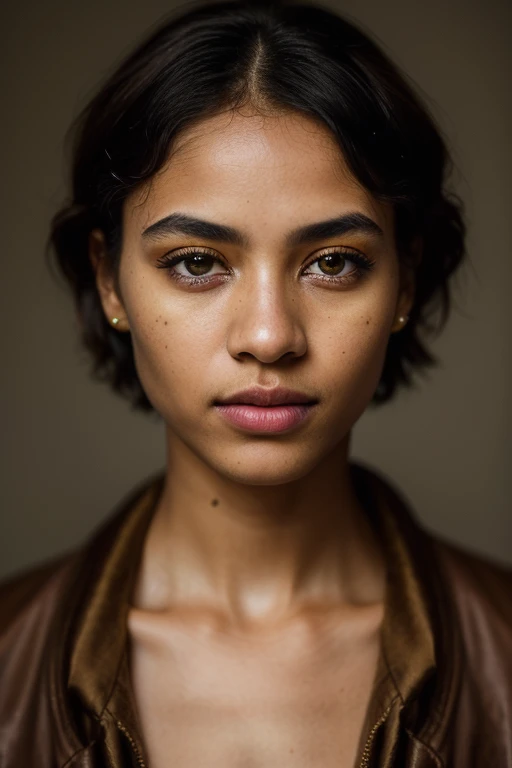 PA7_Portrait-HL_v2, an african woman, short hair, festive makeup, striking facial features, wearing coat, yellow background, shot on Fujifilm XT3, feminine pose, (epiCRealism:1.2)