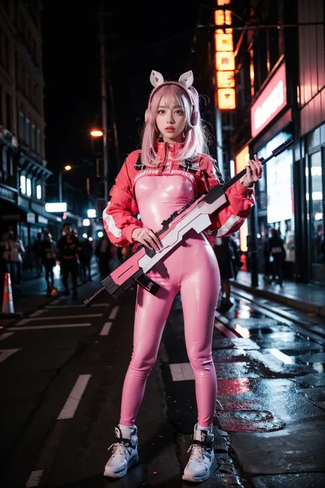 best quality, masterpiece, photorealistic, 1girl, solo, full body, standing, looking at viewer, alice cosplay costume, cosplay, pink hair, cropped jacket, animal ear headphones, bodysuit, skin tight, socks, holding rifle, in street, cyberpunk, neon light, ...