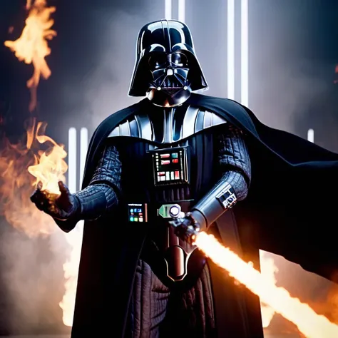 cinematic film still of  <lora:Darth Vader:1.2>
Darth Vader a bald white face man with shiny eyes and a robotic prosthetic perfect sci fi hands in a black costume with fire and smoke in the backgroun in star wars universe, shallow depth of field, vignette,...