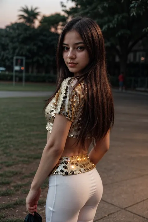 cr1.3, cinematic photo of cute 18 years old girl, 1girl, solo, (p1ne face), (ivory sequined sport outfit with thights:1.2), at e...