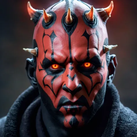 Hyperrealistic art of  <lora:Darth Maul:1>
Darth Maul man with horns on his head and a red face in star wars universe, Extremely high-resolution details, photographic, realism pushed to extreme, fine texture, incredibly lifelike