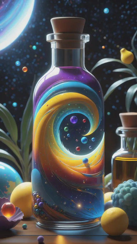 the entire observable universe in a single bottle, Dreamlike, Surreal landscapes, Mystical creatures, Twisted reality, Surreal still life, (Extremely Detailed Oil Painting:1.2), glow effects, god rays, Hand drawn, render, 8k, cartoon, octane render, cinema...