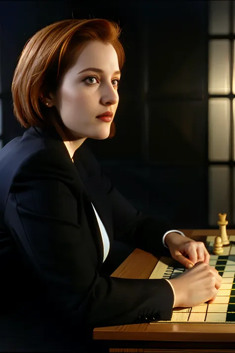 Dana Scully, woman,  playing chess with mulder,
<lora:DanaScullySD-000002:1>, intricate details, hyperdetailed, cinematic, realistic, masterpiece