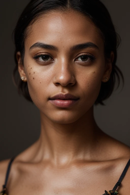 PA7_Portrait-HL_v2, an african woman, short hair, festive makeup, striking facial features, wearing floral blouse, grey background, shot on Fujifilm XT3, feminine pose, (epiCRealism:1.2)