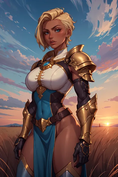 (masterpiece,best quality,absurdres,beautiful,aesthetic,detailed),fantasy,1girl,(dark skin),short hair,undercut,blonde hair,solo focus,cowboy shot,wearing ornate armor,tabard,outside,field,sunset,gauntlets,cinematic angle