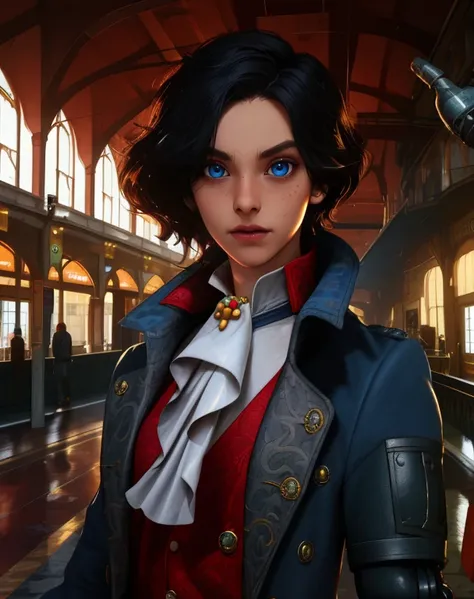 carlo,blue eyes,black hair,otoko no ko,
coat,ascot,single mechanical arm,jewelry,red vest,
abondand train station,night,
(insanely detailed, beautiful detailed face,beautiful detailed eyes, masterpiece, best quality),solo,<lora:carlo-10LOPF:0.8>,