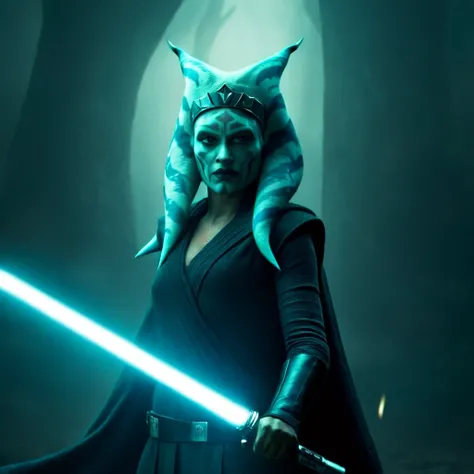 Dark Fantasy Art of  <lora:Ahsoka Tano:1.5>
Ahsoka Tano a woman in a costume holding a light saber in star wars universe, dark, moody, dark fantasy style