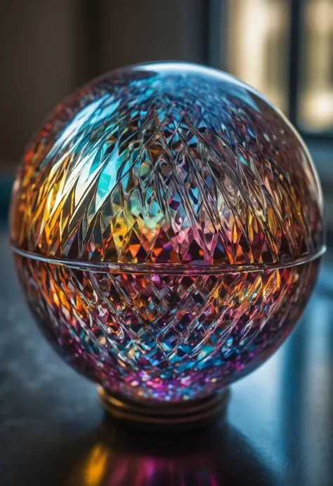 RAW Photograph, a reflective orb of an unknown material, patterned and layered, insane intricate detail, crystalline clarity, prismatic brilliance, supreme quality, award winning art, raytracing, sharp focus, 8k, hdr, masterpiece, photography, dslr, kodach...