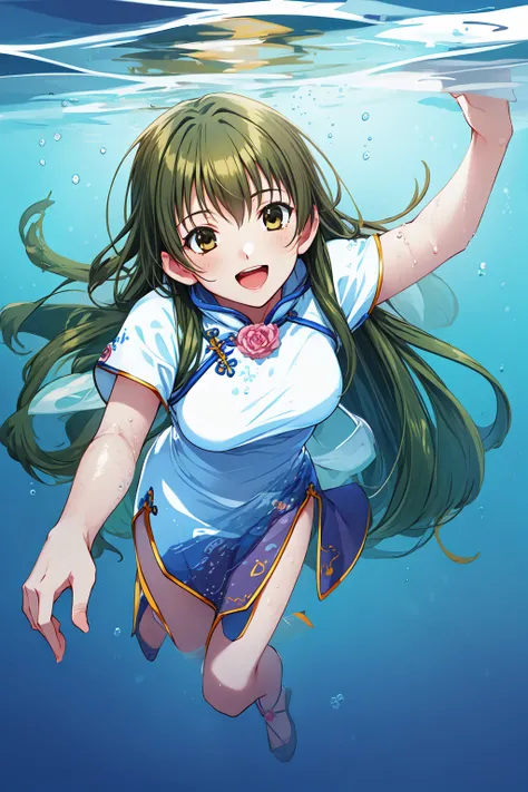 1girl, full body, smile, open mouth, (underwater:1.4), 
akanegasaki_sora, brown eyes, green hair, long hair, very long hair, rose, chinese clothes, dress, china dress, side slit, <lora:ever17_sora_lora_ver1:0.8>, best quality, masterpiece, highres, <lora:G...