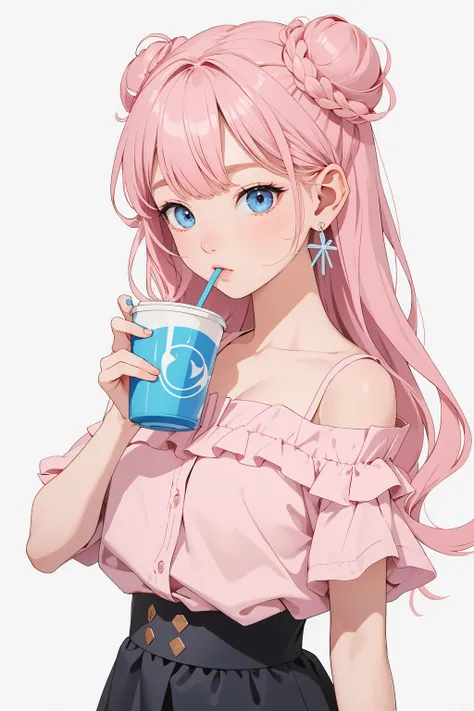 (extremely detailed CG unity 8k wallpaper),(masterpiece),(best quality),(ultra-detailed),(best illustration),(best shadow),(absurdres), Akari Watanabe, 1girl, solo, pink hair, earrings, drinking, jewelry, cup, drinking straw, blue eyes, medium breast, shou...