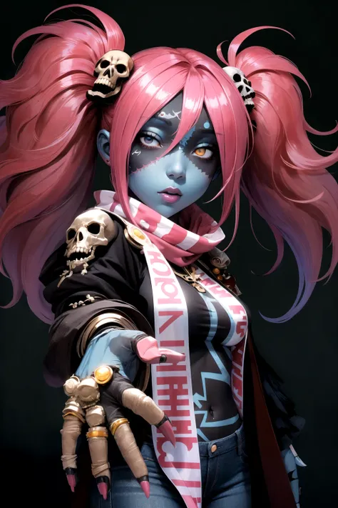 <lora:LadyZozo-05:1> ladyzozo, (blue_skin:1.2), scarf, pink_hair, twintails, skull_hair_ornament, yellow_eyes, hair_over_one_eye, white_shirt, jeans,, beautiful, (masterpiece:1.2), (best quality:1.2), perfect eyes, perfect face,<lora:perfectfingers:1.0>