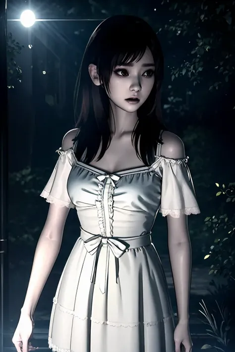 (extremely detailed CG unity 8k wallpaper), (best quality), (ultra-detailed), 1girl,  <lora:horrorp:1>, horror aesthetic, dark aesthetic, emo, black hair, waist up, horrorp, blouse, pale skin, asian, dress, woods, dark forest, nighttime