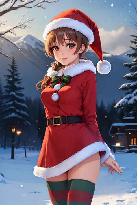 (masterpiece, best quality:1.2), snowing, outdoors, solo, 1girl, smile, looking at viewer, arms behind back, santa hat, fur-trim...