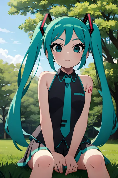 <lora:scott-style-09:1> scott_pilgrim_style, hatsune miku, looking at viewer, smile, twintails, long hair, wind, tree, shadow, sitting, cute, outdoors, nature, 1girl, (masterpiece:1.3), high quality, highres, absurdres, solo