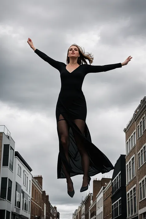 photography of giant woman floating in air,jumping,through high over street,solo,athletic body,open hands,long dress,black pantyhose,high heeled,symmetrical,cloudy sky,(Depth of field:1.3),<lora:SDXLrender_v2.0:0.9>,