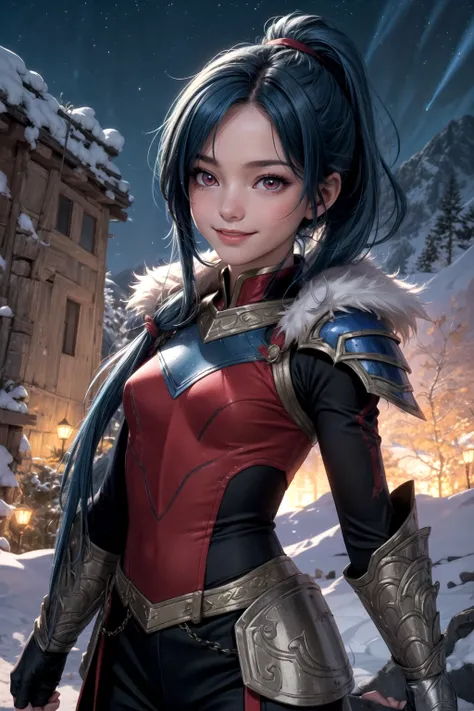 vibrant colors, girl, masterpiece, sharp focus, best quality, depth of field, cinematic lighting, ponytail, blue hair, red eyes, fur armor, mountain, bright smile, night sky,<lora:more_details:0.5>