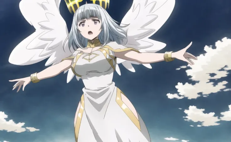 A woman wearing a crown and a white dress, her wings soaring in the air, her arms stretched out in front of him, with white text below: It is a force that can suppress all barbarism