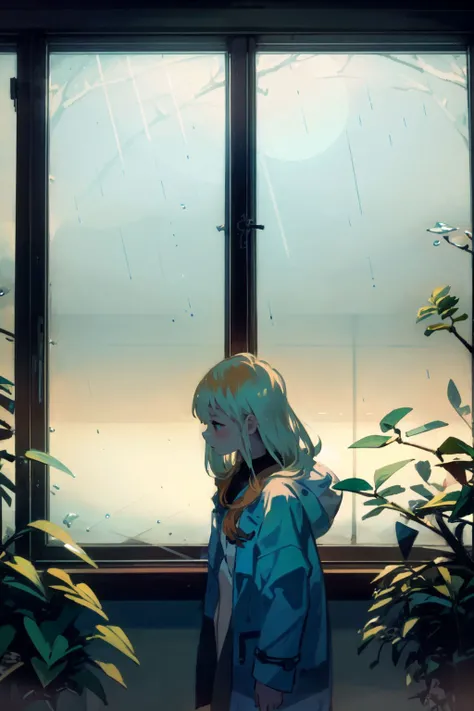 kukkastyle, scenery, frost, in front of glass window, large window, Moon_orchid (flower), blooming flowers, plants, trees, frontlighting, mystic, mature female, golden hair, side-swept fringe, light blue yellow raincoat <lora:kukka_style_v01:1>