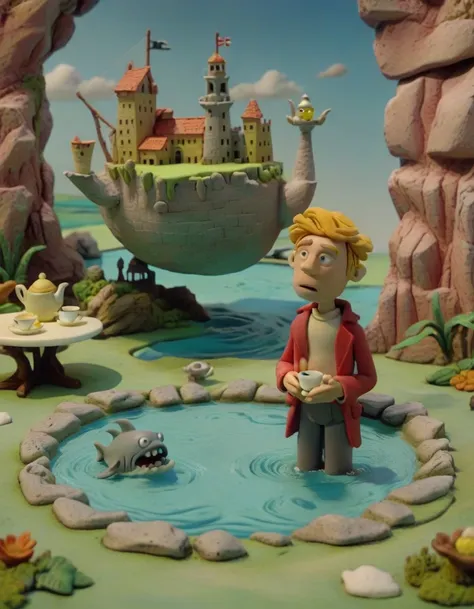 claymation, best quality, masterpiece, a danish boy in atlantis landscape at tea time <lora:claymate_v2.03_:1>