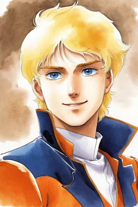 best quality, masterpieceHiroyuki Kitazume artstyle, 1boy, male focus, solo, blue eyes, blonde hair, signature, traditional media, ascot, smile, dated, jacket, looking at viewer, portrait, uniform, upper body, orange hair