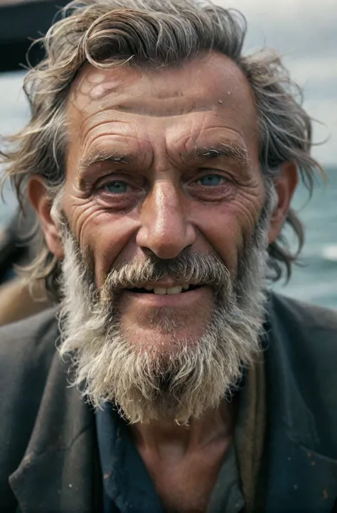 a close up, the 1800s, a hyperdetailed hyperrealist maximalist photograph, damaged photograph, hair, a vintage analog film grain kodak ektachrome photo of a old fisherman sea captain of yesteryear, analog feel is that of a professional graded LUT of cinema...