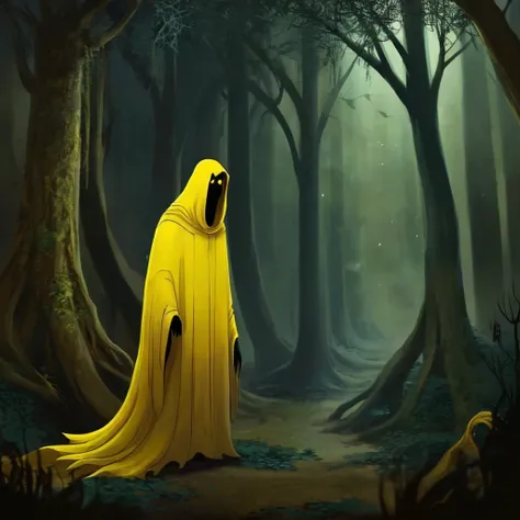 Dark Fantasy Art of  <lora:carcosa city:1.5>
In an ancient and mysterious city a cartoon of a yellow ghost in a forest carcosa city style, dark, moody, dark fantasy style