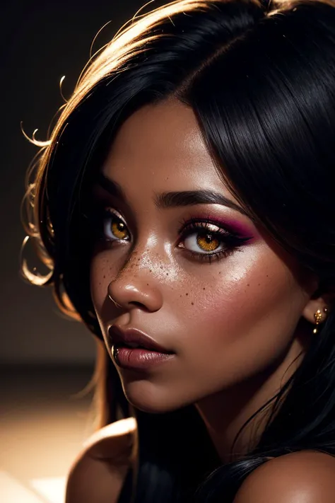 an eye contact of a Ugandan woman, (black skin:1.3), yellow spotlight, dark theme, lonely, Lavish, Matte black eyeshadow with a cut crease, metallic lipstick, golden ratio, Almond-shaped eyes, Freckles, indietronica, soft lighting, bokeh