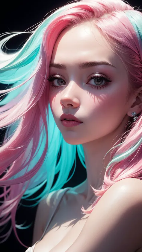 Abstract style hauntingly ethereal portrait of a mysterious figure draped in translucent fabric, crystals adorning their hair, amidst a dreamlike swirl of pastel hues and soft light, evoking a sense of calm serenity and elusive beauty, high detail, award w...