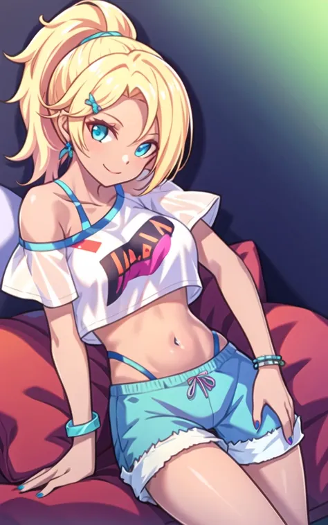 <lora:add_detail:0.5>,<lora:kirara-mul-000008:0.8>,cowboy shot,kirara_bed,1girl,blonde hair,barefoot,solo,shorts,navel,dark skin...