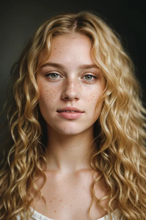 a portrait photo of a beautiful woman with curls and lots of freckles, (dirty blonde hair), (face portrait:1.5), dramatic light , Rembrandt lighting scheme, (hyperrealism:1.2), (photorealistic:1.2), shot with Canon EOS 5D Mark IV, detailed face, detailed h...