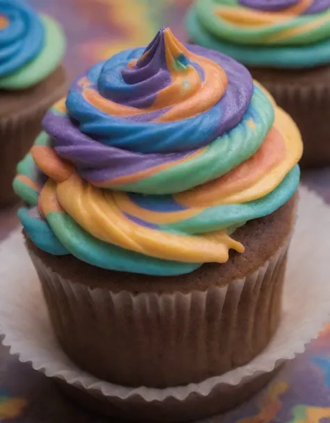 a highly detailed close up photograph of a psychedelic cupcake